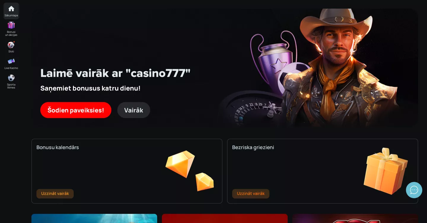 Casino777 galvenā lapa ar bonusiem un akcijām
